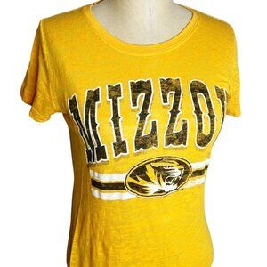 University of Missouri T-Shirt Womens Size L Blue84 Yellow Mizzou Burnout
